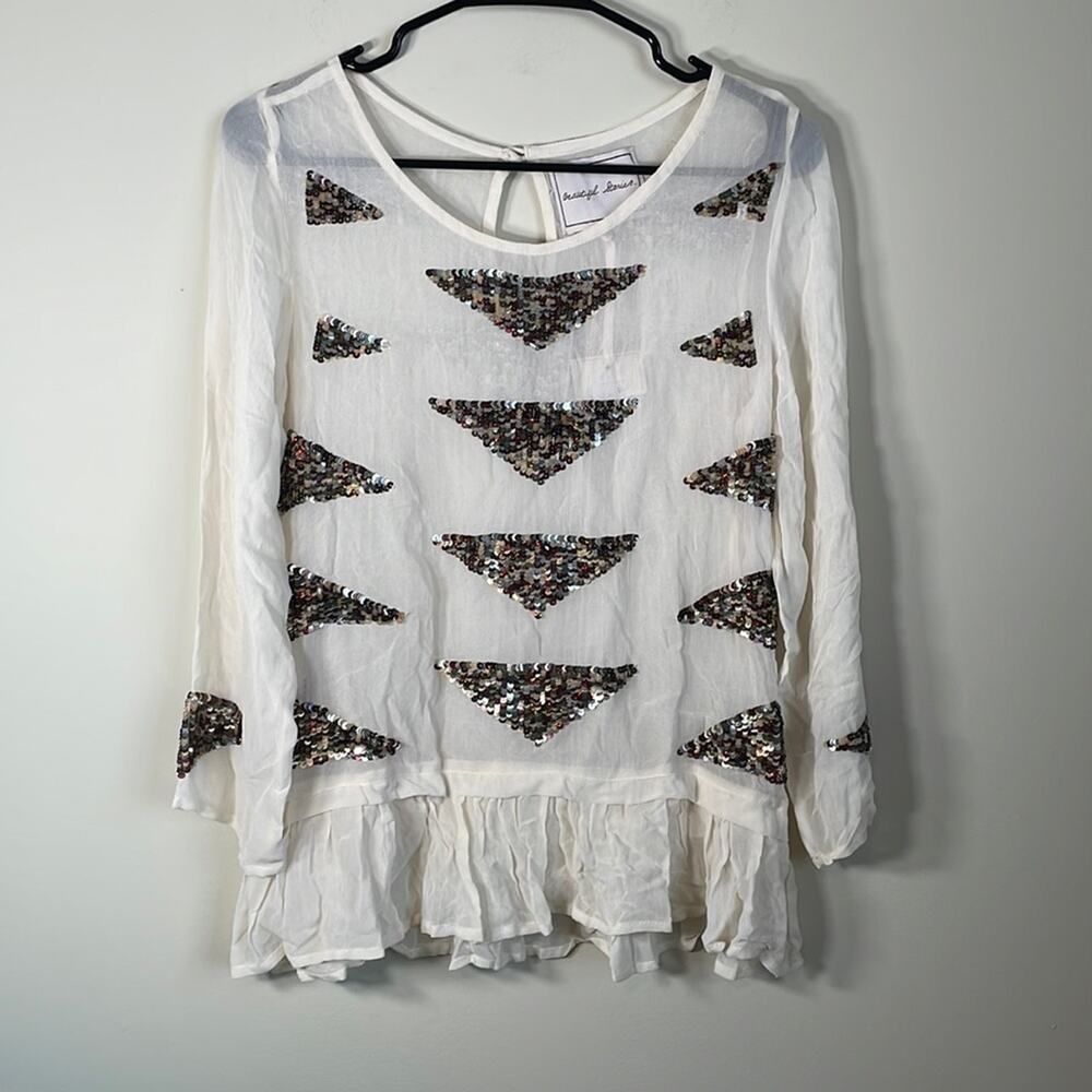 Beautiful Stories Off White Sheer Sequin Patch Long‎ Sleeve Blouse Size XS